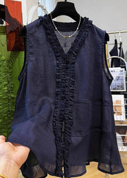 Navy Ruffled Button Cotton Tops V Neck Summer
