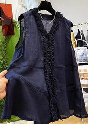 Navy Ruffled Button Cotton Tops V Neck Summer