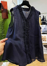 Navy Ruffled Button Cotton Tops V Neck Summer