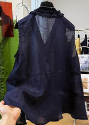 Navy Ruffled Button Cotton Tops V Neck Summer