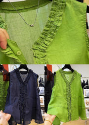 Navy Ruffled Button Cotton Tops V Neck Summer