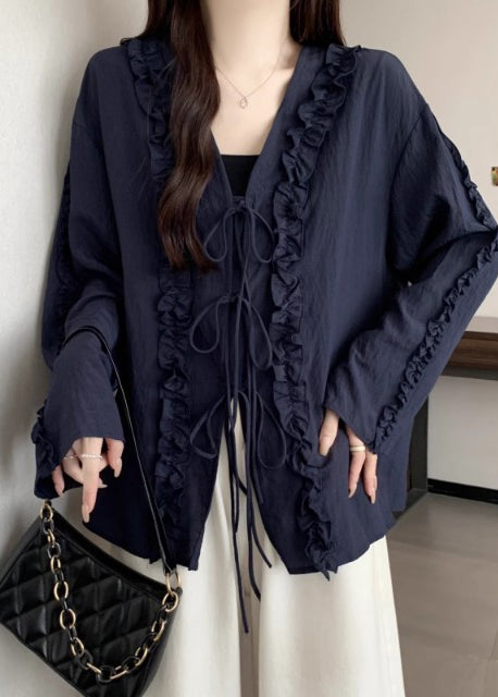 Navy Ruffled Cotton Loose Shirts Lace Up Fall