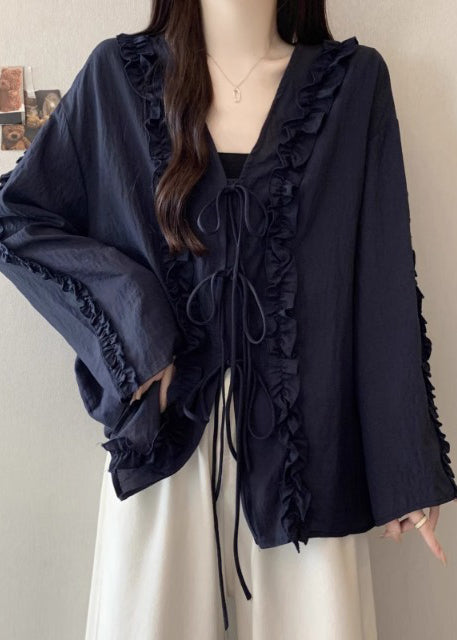 Navy Ruffled Cotton Loose Shirts Lace Up Fall