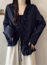 Navy Ruffled Cotton Loose Shirts Lace Up Fall