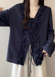 Navy Ruffled Cotton Loose Shirts Lace Up Fall