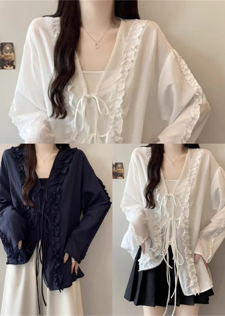 Navy Ruffled Cotton Loose Shirts Lace Up Fall