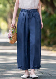 Navy Ruffled Pockets Linen Summer Crop Pants Elastic Waist