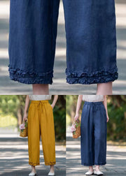 Navy Ruffled Pockets Linen Summer Crop Pants Elastic Waist