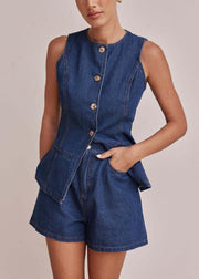 Navy Silm Fit Denim Two Piece Set Women Clothing Side Open Sleeveless