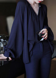 Navy Solid Chiffon Shirt O Neck Lantern Sleeve