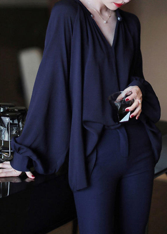 Navy Solid Chiffon Shirt O Neck Lantern Sleeve