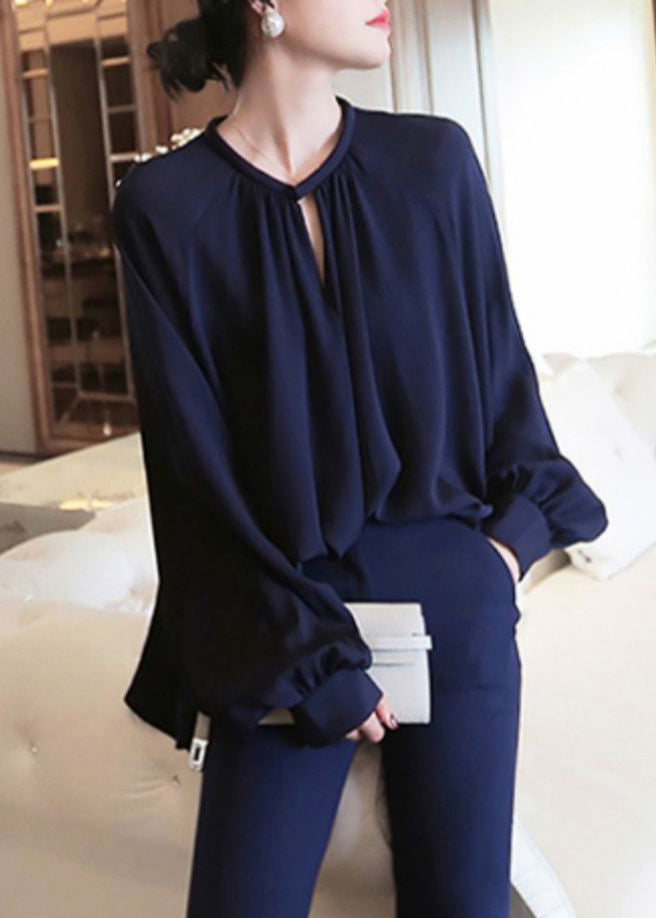 Navy Solid Chiffon Shirt O Neck Lantern Sleeve