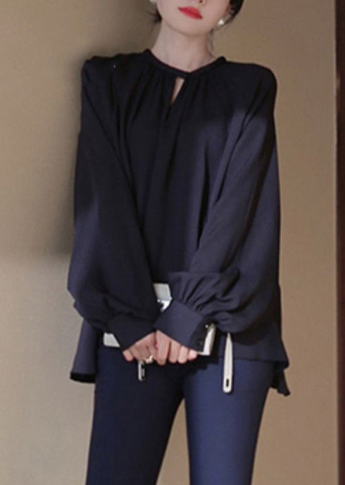 Navy Solid Chiffon Shirt O Neck Lantern Sleeve
