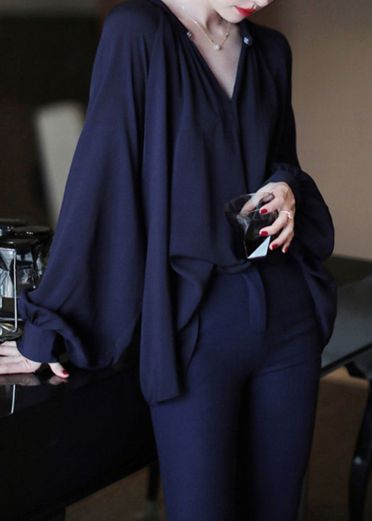 Navy Solid Chiffon Shirt O Neck Lantern Sleeve