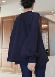 Navy Solid Chiffon Shirt O Neck Lantern Sleeve