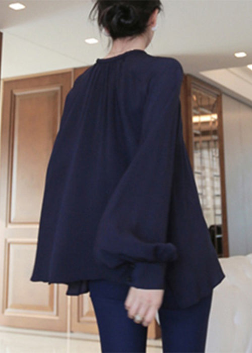 Navy Solid Chiffon Shirt O Neck Lantern Sleeve