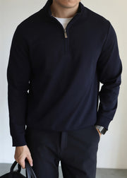 Navy Solid Cotton Loose Mens Sweatshirts Zip Up Long Sleeve