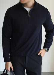Navy Solid Cotton Loose Mens Sweatshirts Zip Up Long Sleeve
