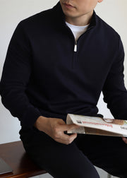 Navy Solid Cotton Loose Mens Sweatshirts Zip Up Long Sleeve