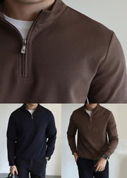 Navy Solid Cotton Loose Mens Sweatshirts Zip Up Long Sleeve