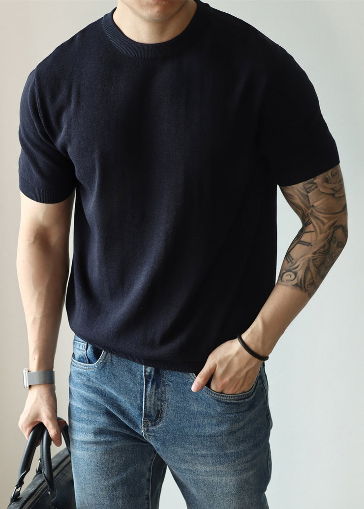 Navy Solid Knit Short Sleeve Men T Shirts O Neck