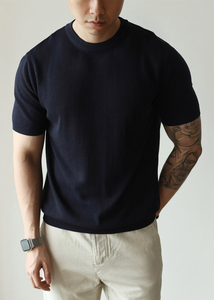 Navy Solid Knit Short Sleeve Men T Shirts O Neck