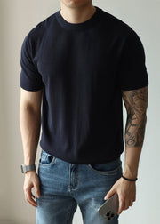 Navy Solid Knit Short Sleeve Men T Shirts O Neck