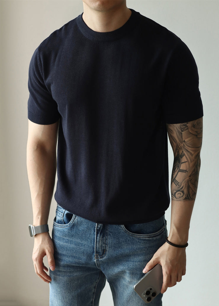 Navy Solid Knit Short Sleeve Men T Shirts O Neck