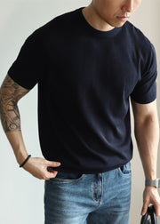 Navy Solid Knit Short Sleeve Men T Shirts O Neck