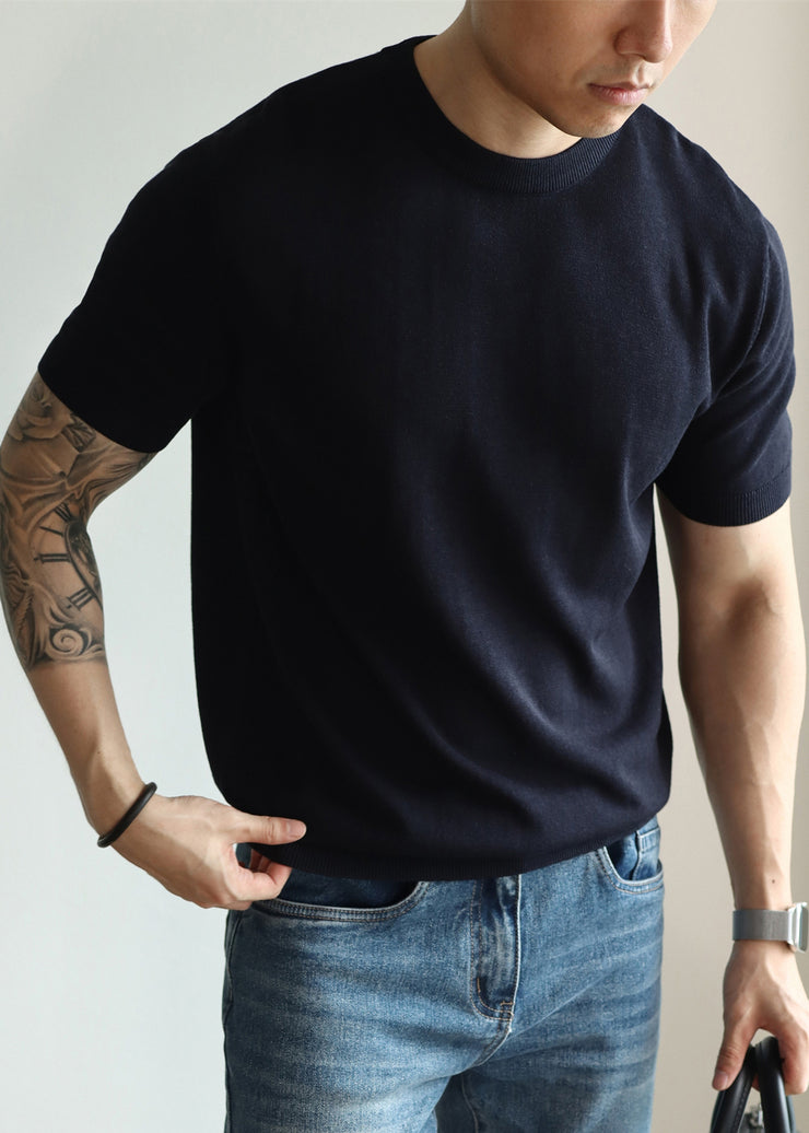 Navy Solid Knit Short Sleeve Men T Shirts O Neck