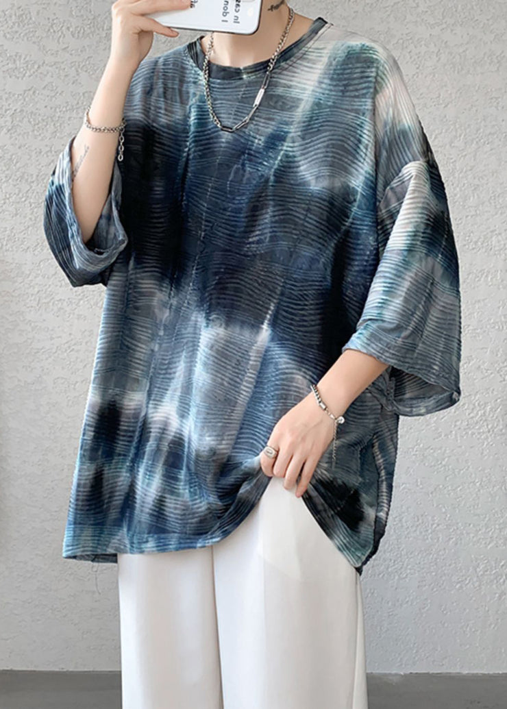 Navy Tie Dye Loose Ice Silk Bracelet Sleeve Mens T Shirt O Neck