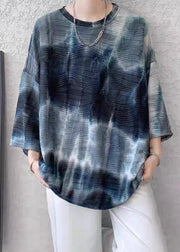 Navy Tie Dye Loose Ice Silk Bracelet Sleeve Mens T Shirt O Neck