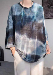 Navy Tie Dye Loose Ice Silk Bracelet Sleeve Mens T Shirt O Neck