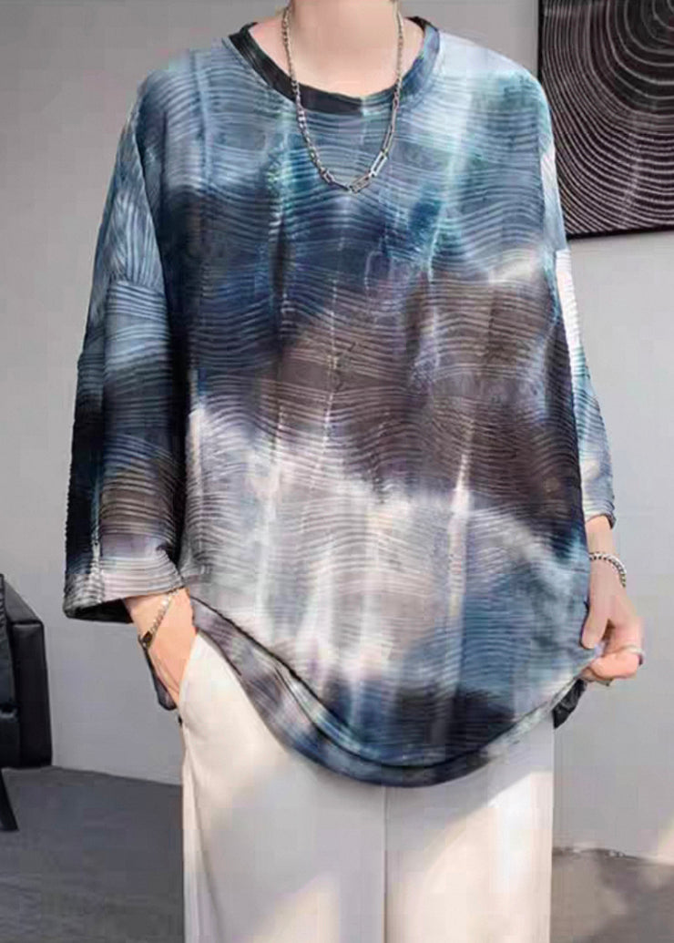 Navy Tie Dye Loose Ice Silk Bracelet Sleeve Mens T Shirt O Neck