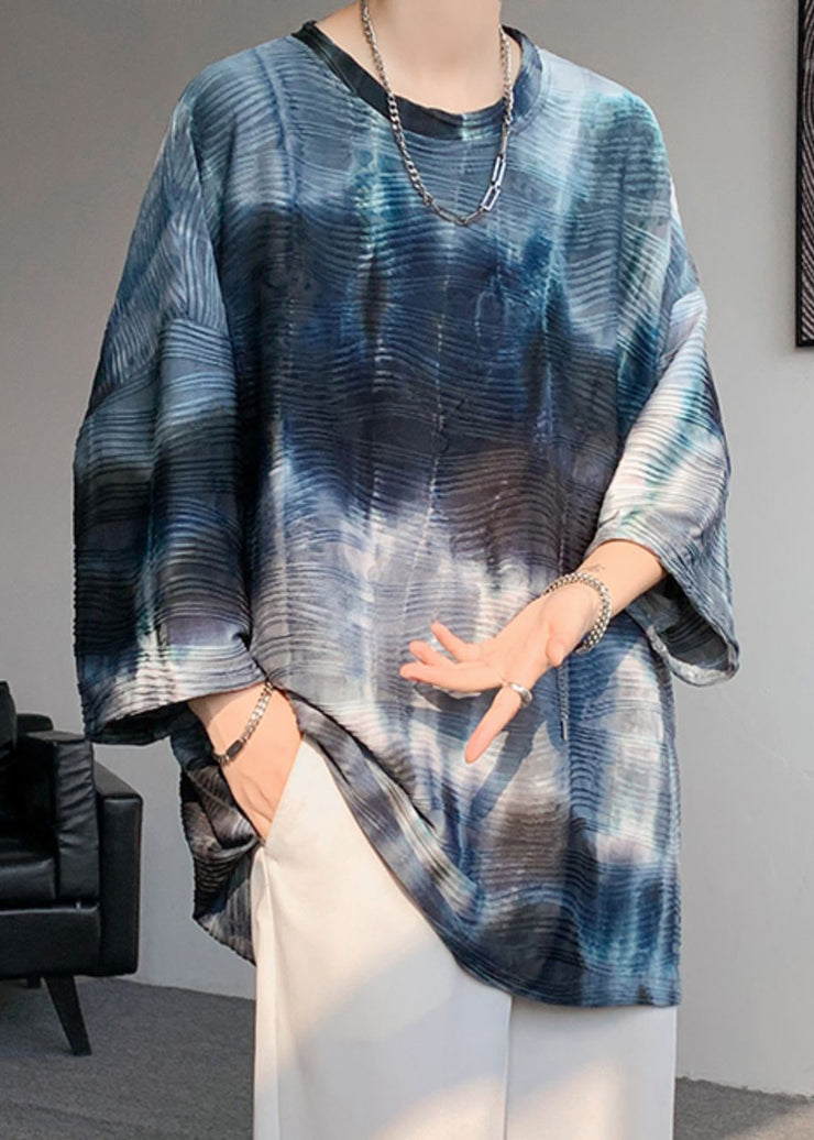 Navy Tie Dye Loose Ice Silk Bracelet Sleeve Mens T Shirt O Neck