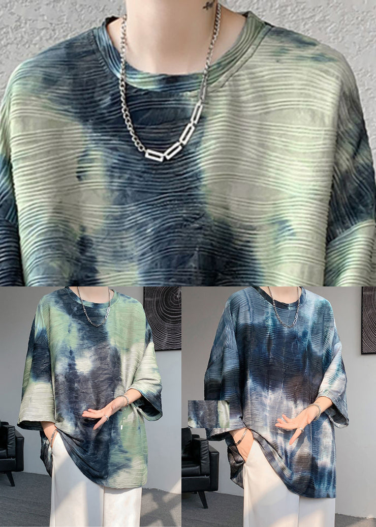Navy Tie Dye Loose Ice Silk Bracelet Sleeve Mens T Shirt O Neck