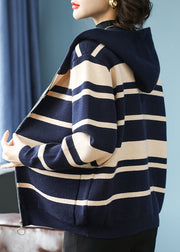 Navy Zippered Pockets Cotton Knit Hooded Coat Lantern Sleeve