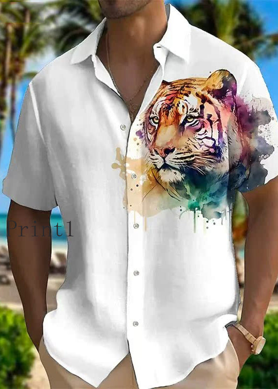 New Animal Print Cotton Men Shirts Peter Pan Collar Summer