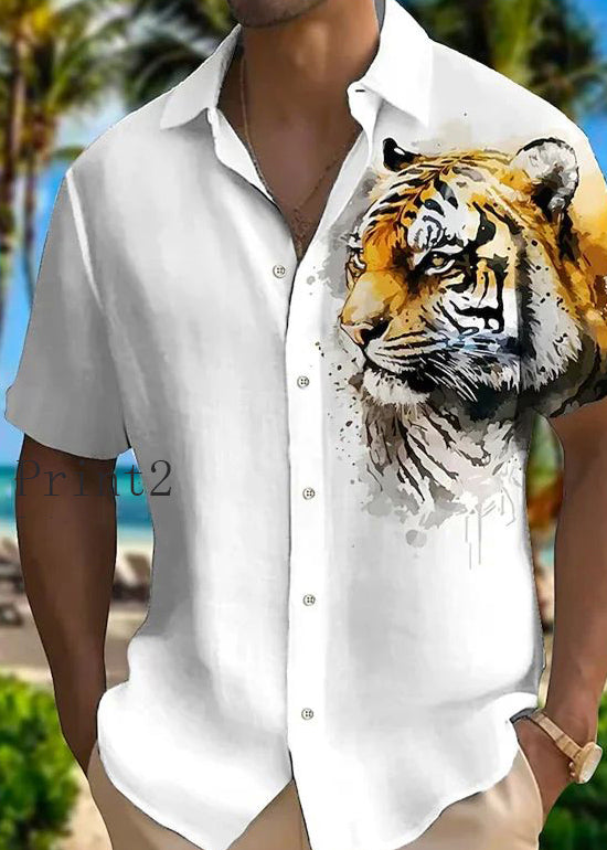 New Animal Print Cotton Men Shirts Peter Pan Collar Summer