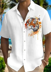New Animal Print Cotton Men Shirts Peter Pan Collar Summer