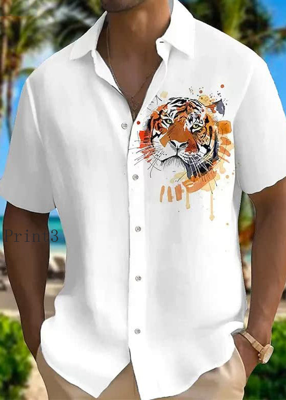 New Animal Print Cotton Men Shirts Peter Pan Collar Summer
