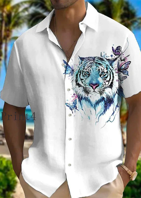 New Animal Print Cotton Men Shirts Peter Pan Collar Summer
