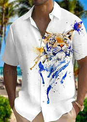 New Animal Print Cotton Men Shirts Peter Pan Collar Summer
