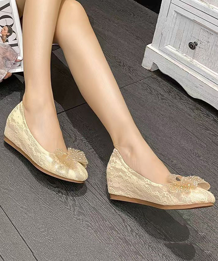 New Apricot Embroidered Bow Lace Inner Height Shoes
