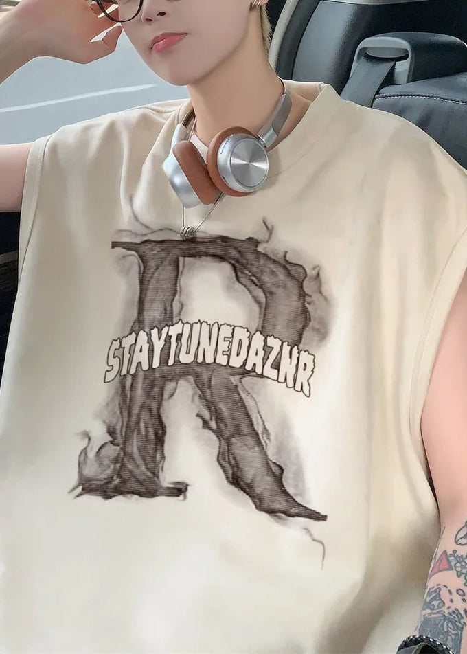New Apricot Letter Print Oversized Cotton Men Tank Sleeveless