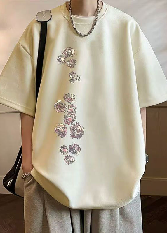 New Apricot O Neck Print Cozy Faux Suede Mens T Shirt Half Sleeve