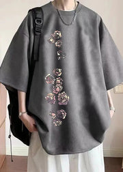 New Apricot O Neck Print Cozy Faux Suede Mens T Shirt Half Sleeve