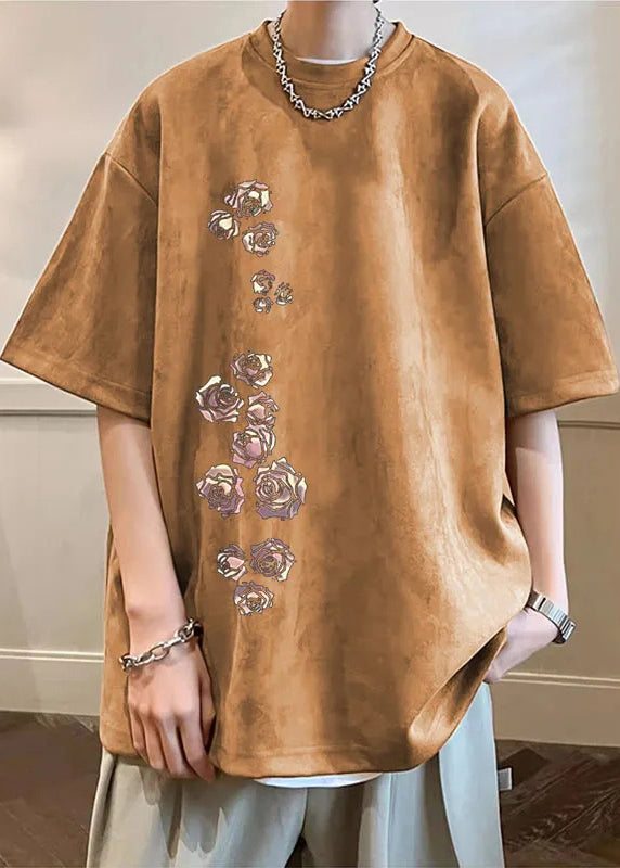 New Apricot O Neck Print Cozy Faux Suede Mens T Shirt Half Sleeve