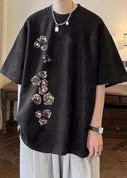New Apricot O Neck Print Cozy Faux Suede Mens T Shirt Half Sleeve