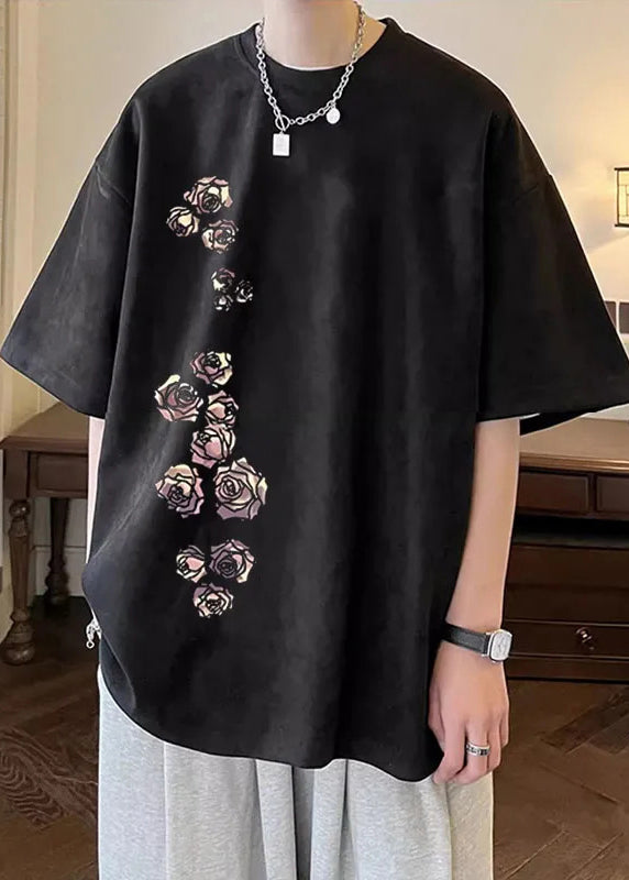 New Apricot O Neck Print Cozy Faux Suede Mens T Shirt Half Sleeve